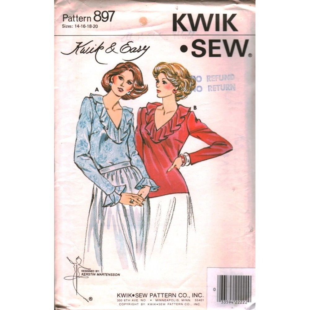 Vintage Kwik Sew 897 Ruffle V-Neck Knit Top Sewing Pattern Size 14-20 Kerstin M